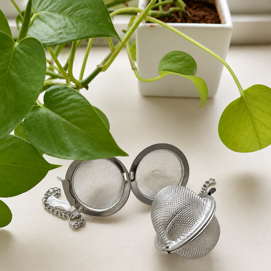 Two silver stainless steel mesh tea infusers, one open with a chain and one closed, resting on a light beige surface next to a green pothos plant in a white pot near a window.